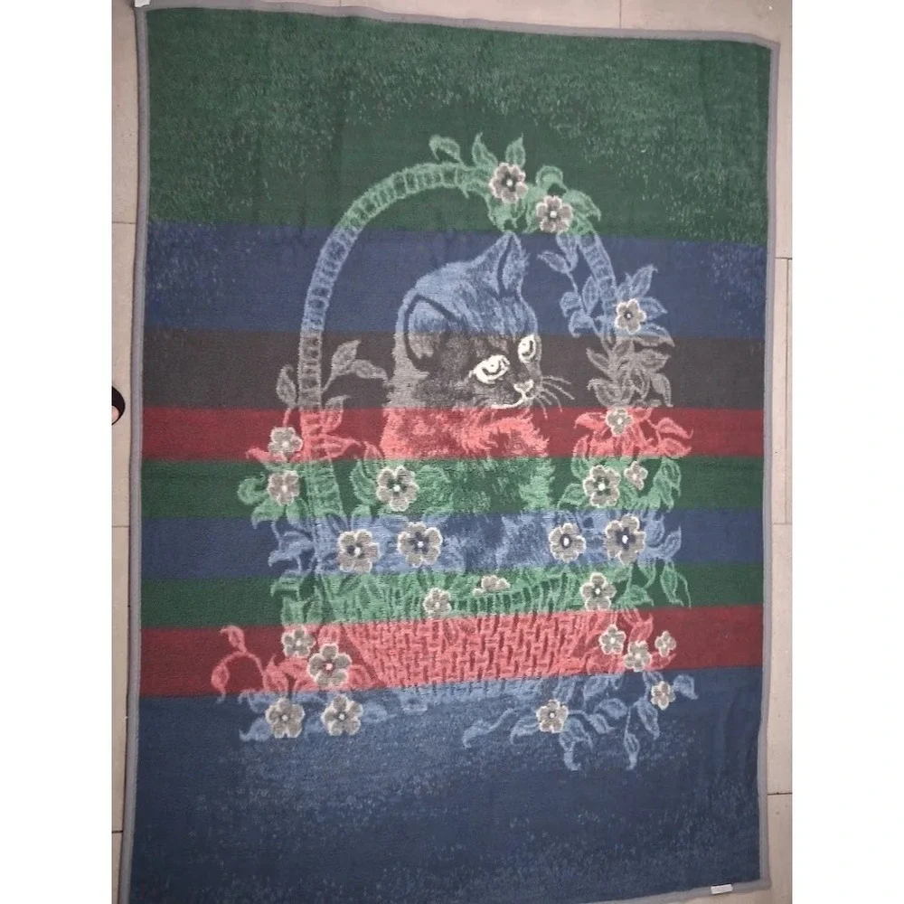 VTG Biederlack Reversible Kitten Cat Basket Flowers Floral Blanket Throw 52x74